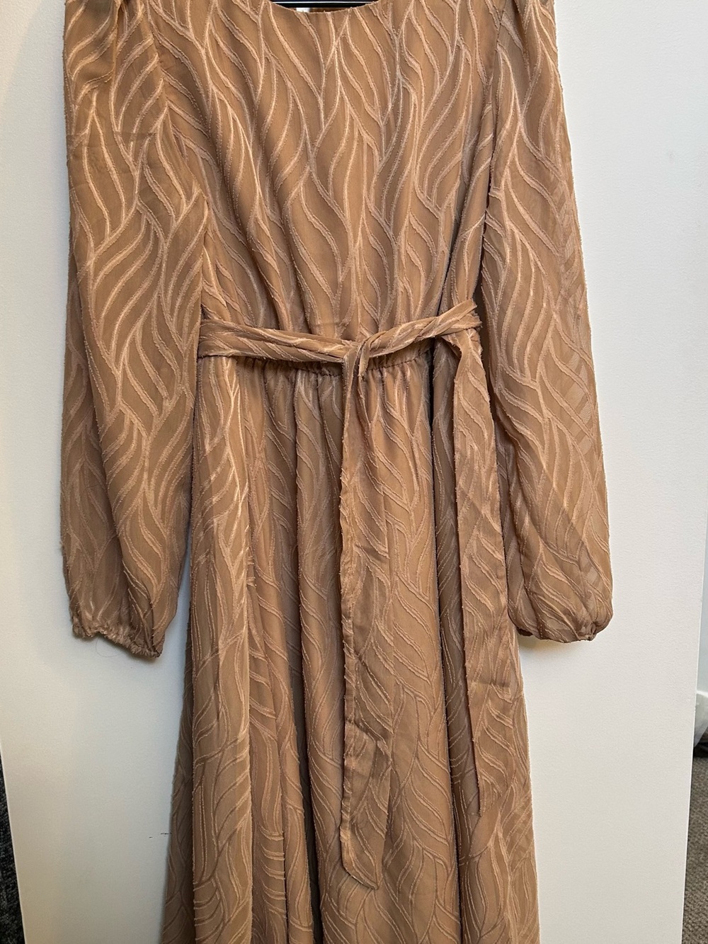 Textured Camel Long Sleeve Midi Dress with Waist Tie